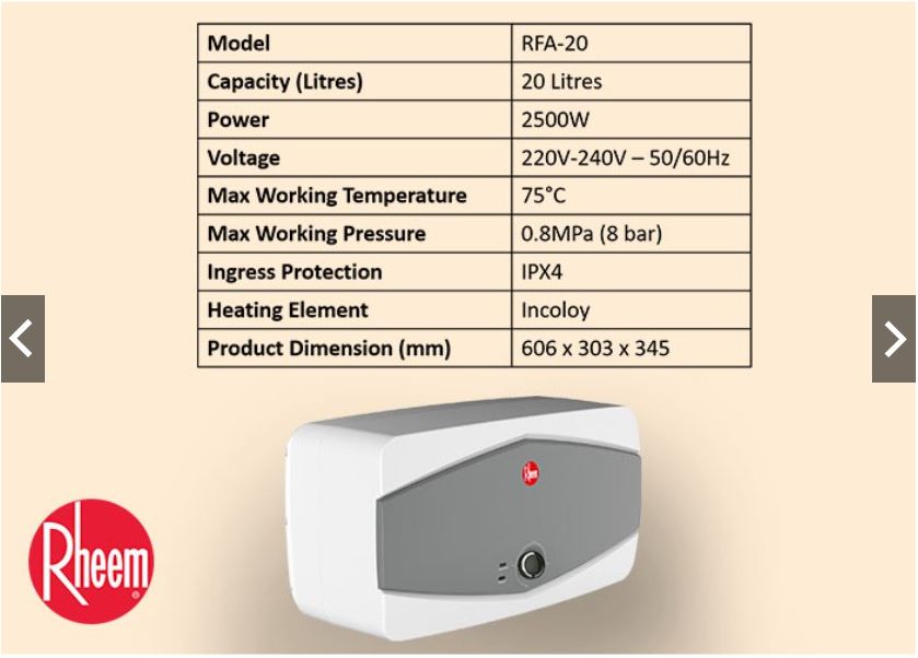 Rheem 20L RFA Classic Plus Electric Storage Water Heater(RFA-20) - Image 8