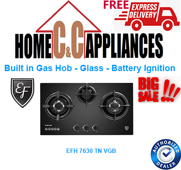 EF EFH 7630 TN VGB Built in Gas Hob | Glass-Battery Ignition | 73 cm|2 Triple rign||1 Semi rapid burners|