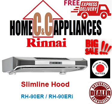 RINNAI RH-90ERi Slimline Hood | Stainless Steel and Metallic Silver Finishing |