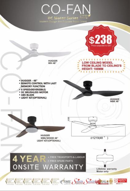 FANCO HUGGER 48" DC CEILING FAN WITH REMOTE AND OPTIONAL LED LIGHT / LOW CEILING FAN