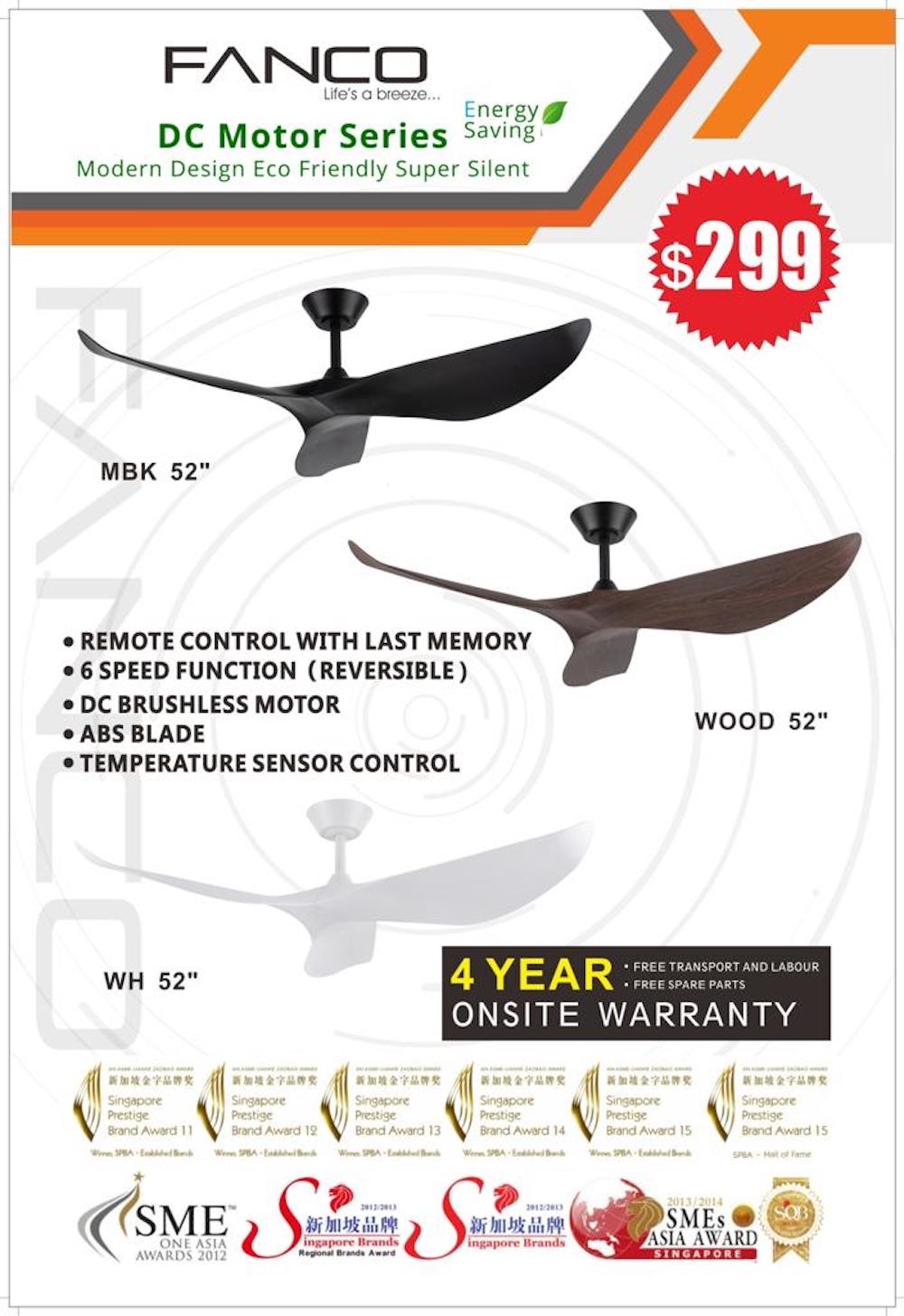 Fanco Huracan 52" Designer Style DC Ceiling Fan 6 Speed with Temperature Sensor Control