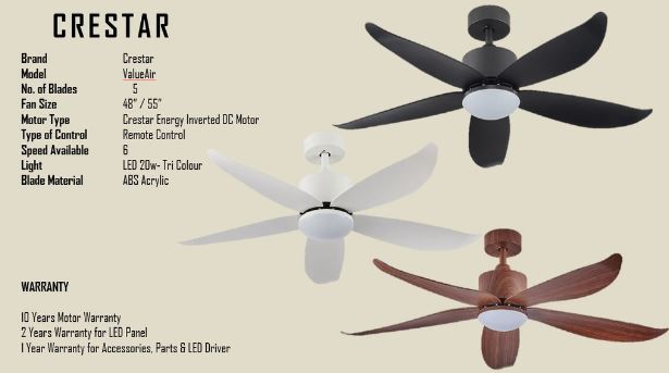 CRESTAR ValueAir 5Blades (48/55inch) CEILING FAN WITH 20W Tricolour LED,6 Speed 2.4G Remote Control,ABS (Blades)
