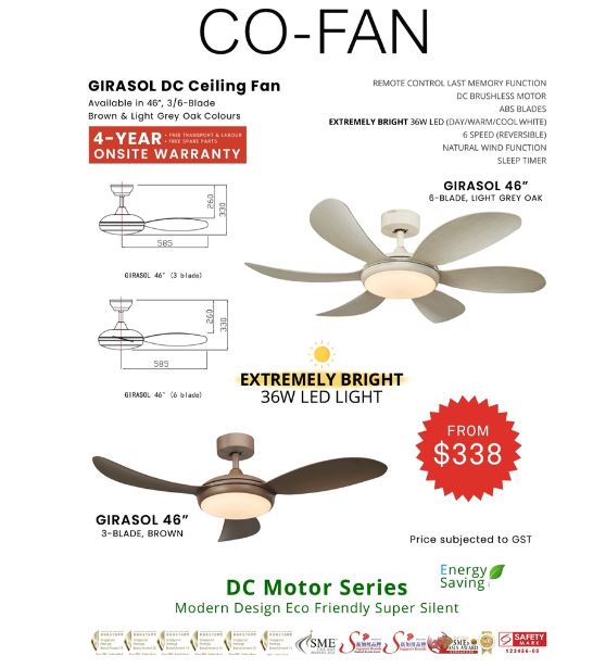 Fanco Girasol 3 BLADES 46" DC Motor ceiling Fan with 36W LED and Remote Control