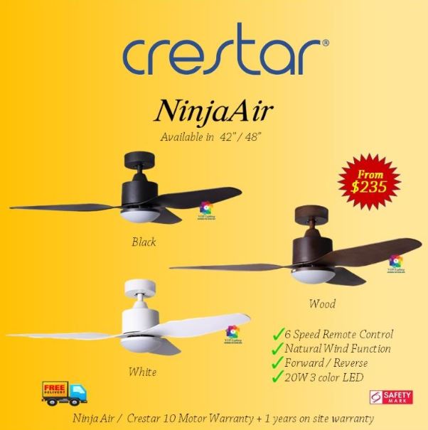 CRESTAR NinjaAir 3Blades (42/48inch) CEILING FAN WITH ABS (Blades),6 Speed 2.4G Remote Control - KG31, 20W Tricolour LED