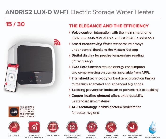 Ariston ANDRIS 2 LUX-D 30 WIFI ELECTRIC STORAGE WATER HEATER  30 LITERS - Image 5