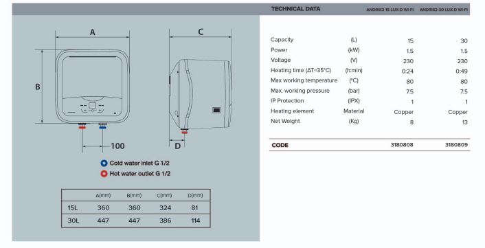 Ariston ANDRIS 2 LUX-D 30 WIFI ELECTRIC STORAGE WATER HEATER  30 LITERS - Image 4