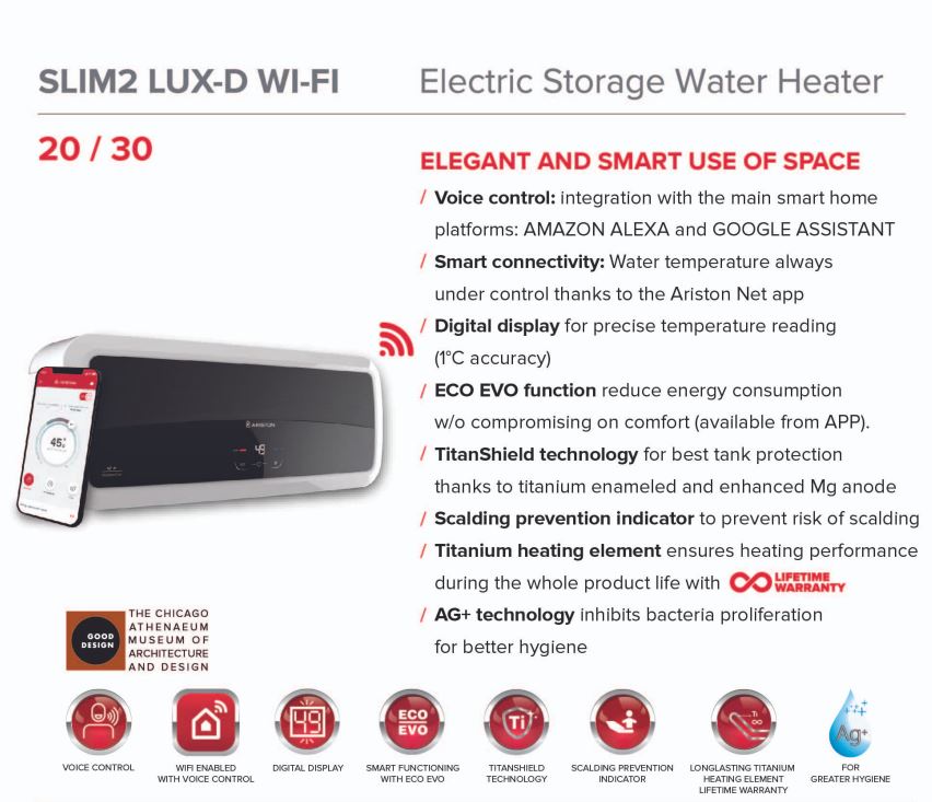 Ariston SLIM2 LUX-D 30 WIFI ELECTRIC STORAGE WATER HEATER  30 LITERS - Image 4