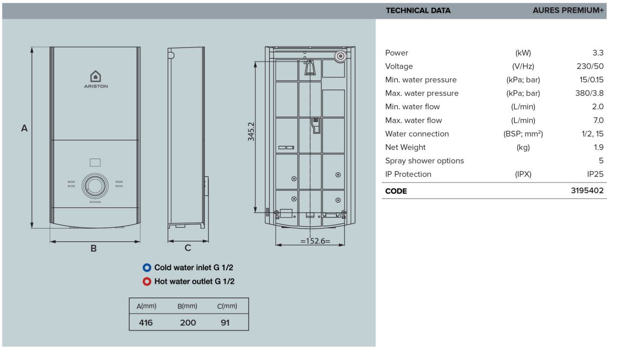 Ariston AURES PREMIUM + INSTANT WATER HEATER  WITH HAND SHOWER - Image 7
