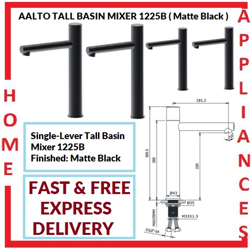 AALTO TALL BASIN MIXER 1225B ( MATTE BLACK ) / FREE EXPRESS DELIVERY