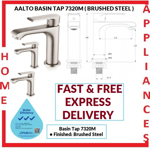AALTO BASIN TAP 7320M ( BRUSHED STEEL ) / FREE EXPRESS DELIVERY