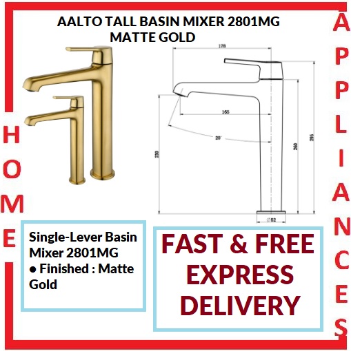 AALTO TALL BASIN MIXER 2801MG ( MATTE GOLD ) / FREE EXPRESS DELIVERY