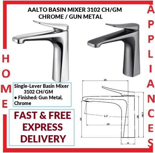 AALTO BASIN MIXER 3102 CH/GM ( CHROME / GUN METAL ) / FREE EXPRESS DELIVERY