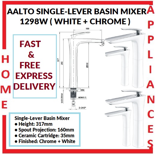 AALTO SINGLE-LEVER BASIN MIXER 1298W ( WHITE + CHROME ) / FREE EXPRESS DELIVERY