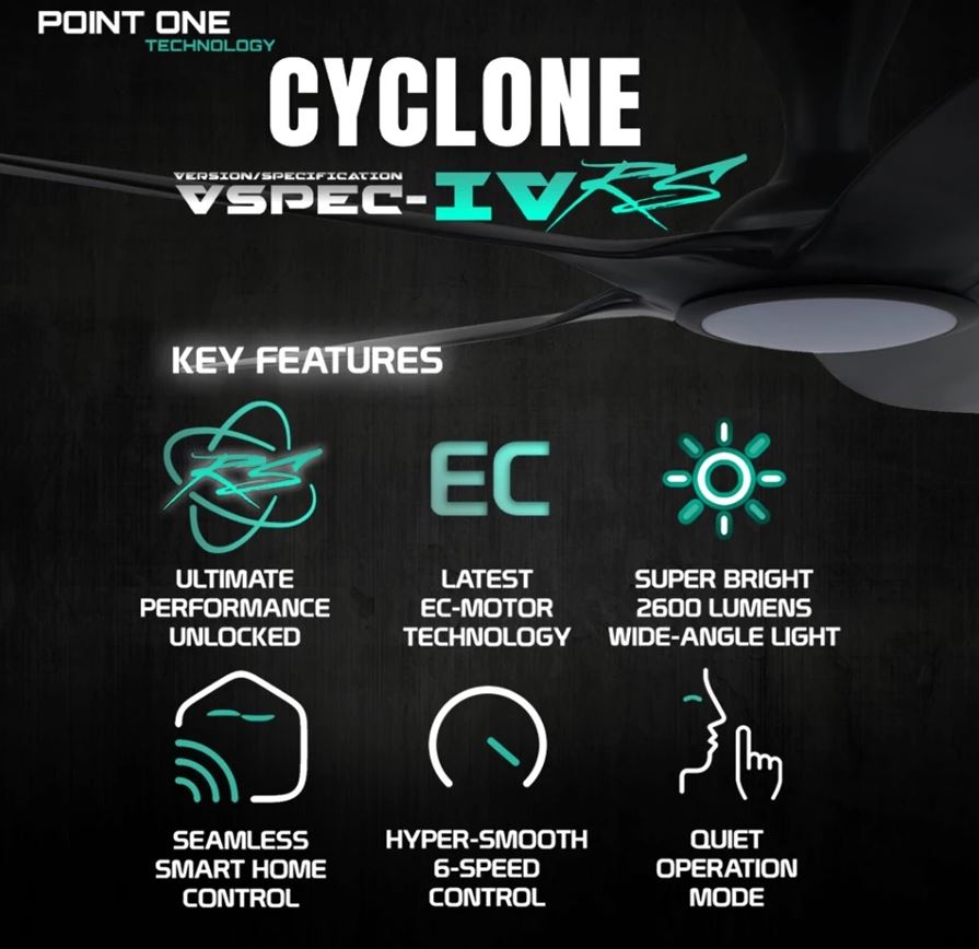 POINT ONE Cyclone ( 46" , 52" , 62" ) VSPEC-IV RS Smart Ceiling Fan With Competition White Cylinder , Optional Light Kit / FREE EXPRESS DELIVERY - Image 8