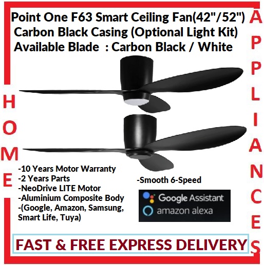 POINT ONE F63 ( 42" , 52" ) Smart Ceiling Fan With Carbon Black Cylinder , Optional Light Kit / FREE EXPRESS DELIVERY