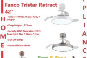 Fanco Tristar Retract 42" DC Retractable Ceiling Fan with 40W LED and Remote Control | Optional:Wifi / FREE EXPRESS DELIVERY