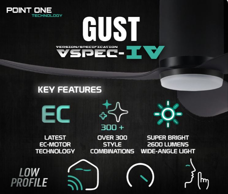 POINT ONE Gust ( 38" , 43" , 52" ) VSPEC-IV Smart Ceiling Fan With White Cylinder + Competition White Casing , Optional Light Kit / FREE EXPRESS DELIVERY - Image 3