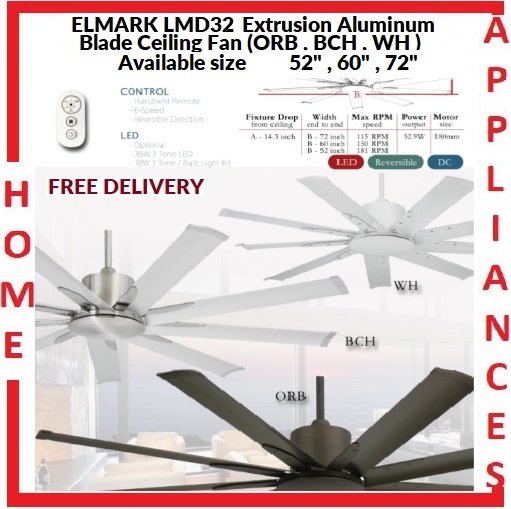 ELMARK LMD 32 (52",60",72") Extrusion Aluminum Blade Ceiling Fan With DC MOTOR , 9 Extrusion Aluminium blades , 6 Speed reversible / FREE EXPRESS DELIVERY