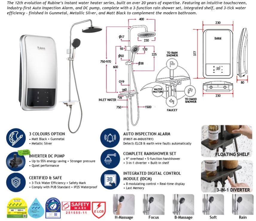 RUBINE INSTANT WATER HEATER ET-123-MS (Metallic Silver) With DC Pump / FREE EXPRESS DELIVERY - Image 4