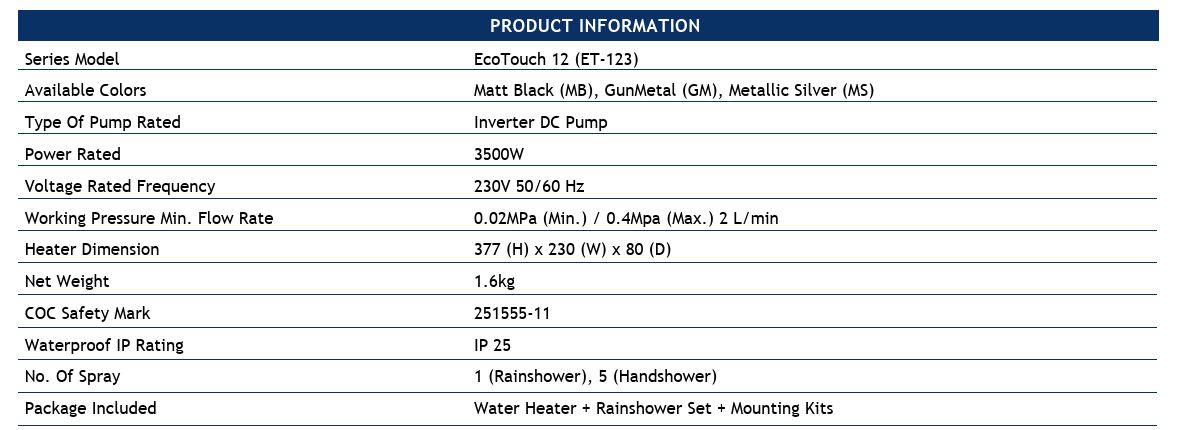 RUBINE INSTANT WATER HEATER ET-123-MS (Metallic Silver) With DC Pump / FREE EXPRESS DELIVERY - Image 3