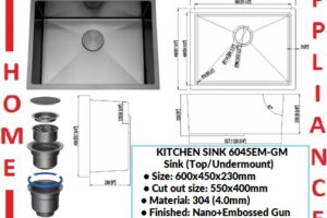 AALTO KITCHEN SINK (Top/Undermount) 6045EM-GM ( Nano+Embossed Gun Metal ) / FREE EXPRESS DELIVERY