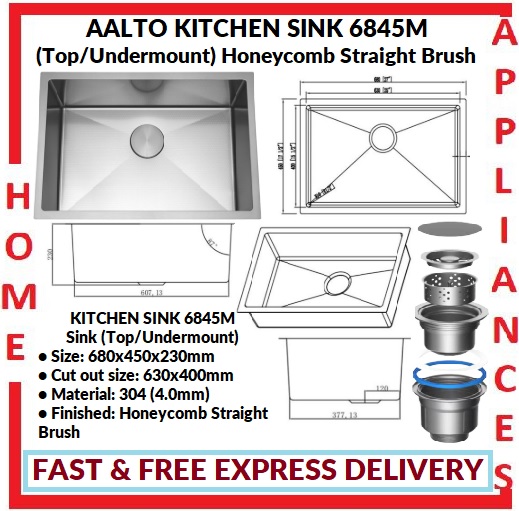AALTO KITCHEN SINK (Top/Undermount) 6845M ( Honeycomb Straight Brush ) / FREE EXPRESS DELIVERY
